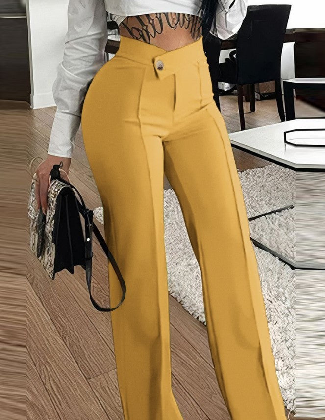 Slim Straight-leg Pants With Buckle - Fashion Solid Color Trousers for Women - ChicVix