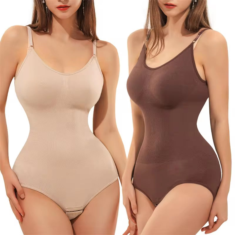 V-Neck Spaghetti Strap Compression Bodysuit with Open Crotch Shapewear for Slimming and Smoothing