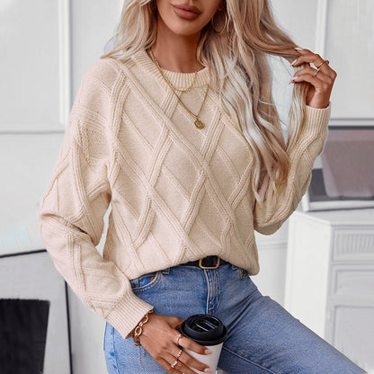 Women's Diamond Pattern Pullover - Loose Round Neck Sweater