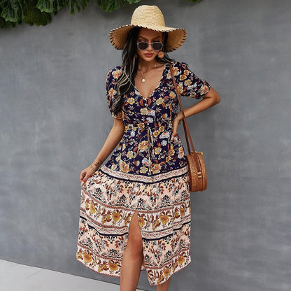 Women's Summer Holiday Style Printed V-Neck Dress